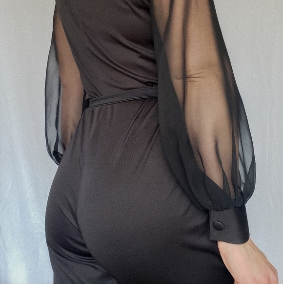 Vintage jumpsuit sheer sleeves turtleneck 80s zipper straight leg balloon sleeve - Picture 5 of 8
